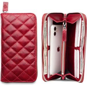 PEGAI Leather Capitone Large Womens Wallet | Handmade Quilted Wallet Purse with Zipper | Elegant Gift for Her | Stylish Minimalist Design, Large Capacity Card Holder – Sherry (Red)(Red)