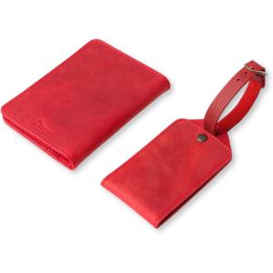 PEGAI Personalized Handmade Leather Passport Wallet & Leather Luggage ID Tag | Travel Document Holder With Bundle Snap Closure Luggage ID Tag for Men and Women (Red)