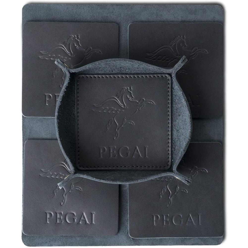 image:imagePEGAI Leather Coasters Set of 4 amp Catchall Tray  Handmade Leather Valet Tray with Coasters for Drinks  Desk Organizer Jewelry Tray Drink Coasters for Tabletop Protection  Stack BlackBlack