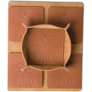 PEGAI Leather Coasters Set of 4 & Catchall Tray | Handmade Leather Valet Tray with Coasters for Drinks | Desk Organizer, Jewelry Tray, Drink Coasters for Tabletop Protection | Stack (Black)(Taba Brown)