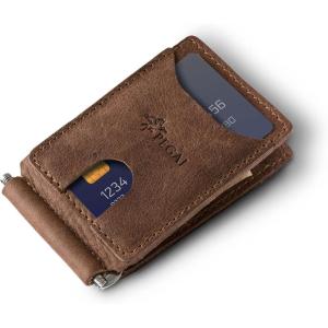 PEGAI Full Grain Leather Money Clip Wallet | Handmade Brown Minimalist Wallet for Men | Slim Business Card Holder | Mens Wallet with Money Clip | MAX (Rustic)(Mocha)