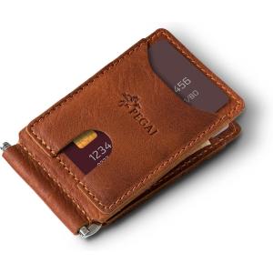 PEGAI Full Grain Leather Money Clip Wallet | Handmade Brown Minimalist Wallet for Men | Slim Business Card Holder | Mens Wallet with Money Clip | MAX (Rustic)(Rust)