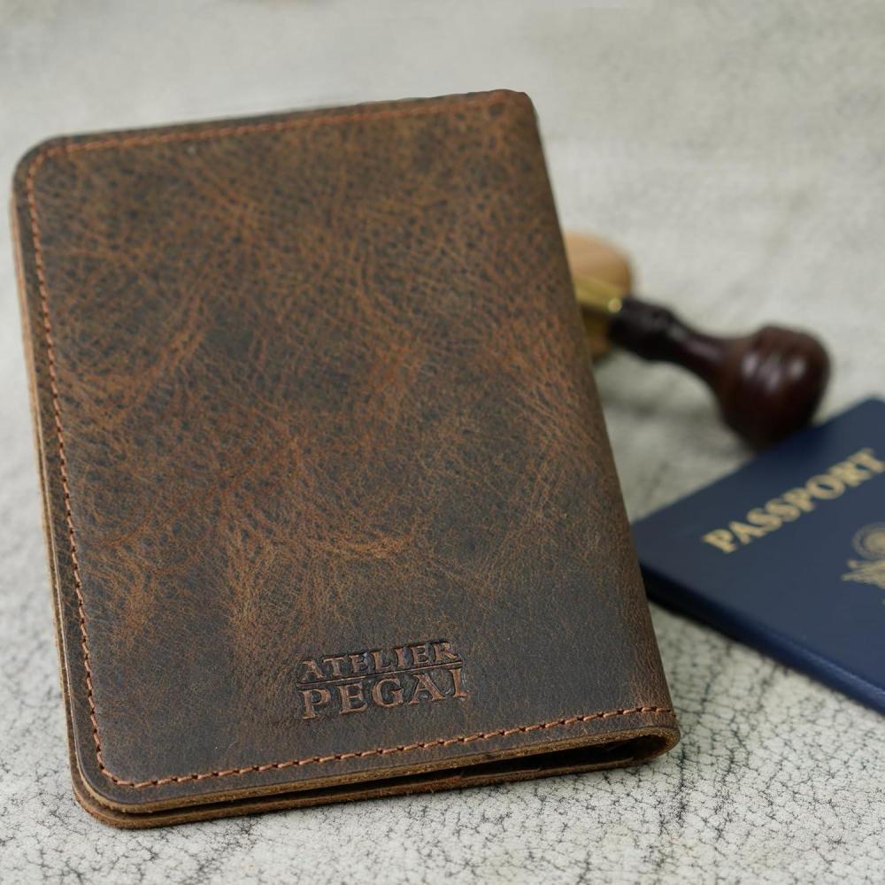 image:imagePEGAI Personalized Leather Passport Holder For Travel  Handmade Passport Wallet Cover Case  Travel Document Holder Passport Cover for Men Women and Family  Pike GreenRB Sand Brown
